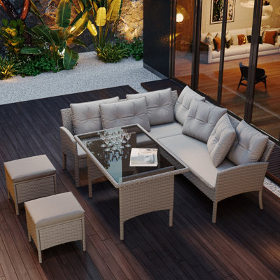 Btm Seven Seater Rattan Garden Corner Sofa Set With Table And Stool Outdoor Patio Lounge Mixed Khaki Wicker Cushions - image 1