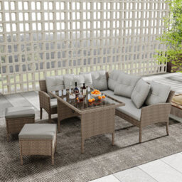 Btm Seven Seater Rattan Garden Corner Sofa Set With Table And Stool Outdoor Patio Lounge Mixed Khaki Wicker Cushions - thumbnail 2
