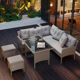Btm Seven Seater Rattan Garden Corner Sofa Set With Table And Stool Outdoor Patio Lounge Mixed Khaki Wicker Cushions - thumbnail 1