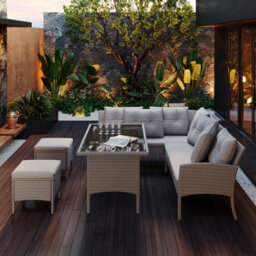 Btm Seven Seater Rattan Garden Corner Sofa Set With Table And Stool Outdoor Patio Lounge Mixed Khaki Wicker Cushions - thumbnail 4