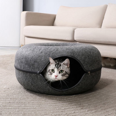 Living And Home Dark Gray Round Felt Cat Pet Tunnel Bed Cave Bed Donut 50Cm - image 1