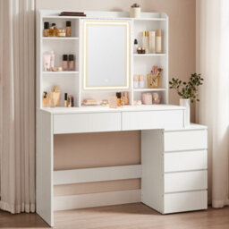 Vasagle Modern Makeup Desk With Mirror, Dressing Table With Adjustable Led Lights, 40 X 117.5 X 145 Cm, With Drawers