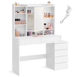 LEDREM Modern Makeup Desk With Mirror, Dressing Table With Adjustable Led Lights, 40 X 117.5 X 145 Cm, With Drawers, Adjustable Shelves - thumbnail 3