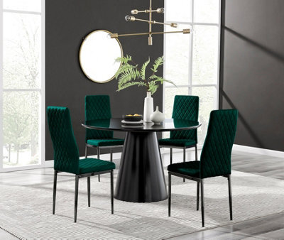 Furniturebox Uk Palma Black Semi-Gloss Round Pedestal Dining Table & 4 Green Velvet Milan Black Leg Chairs - image 1