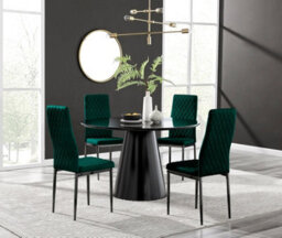 Furniturebox Uk Palma Black Semi-Gloss Round Pedestal Dining Table & 4 Green Velvet Milan Black Leg Chairs