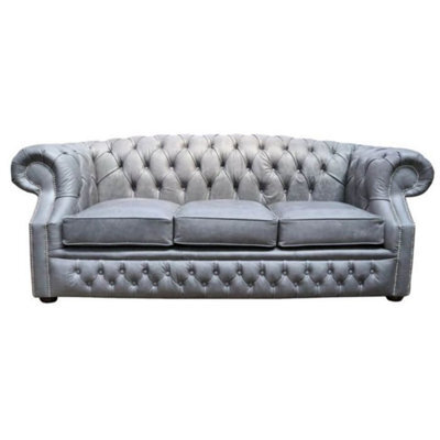 Chesterfield 3 Seater Sofa Cracked Wax Ash Grey Leather In Buckingham Style - image 1