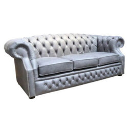 Chesterfield 3 Seater Sofa Cracked Wax Ash Grey Leather In Buckingham Style - thumbnail 3
