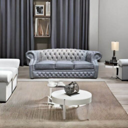 Chesterfield 3 Seater Sofa Cracked Wax Ash Grey Leather In Buckingham Style - thumbnail 2