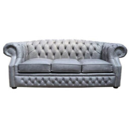Chesterfield 3 Seater Sofa Cracked Wax Ash Grey Leather In Buckingham Style - thumbnail 1