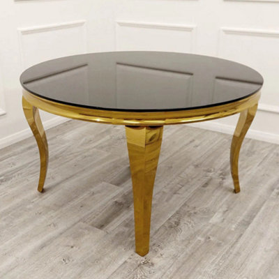 Stratus Interiors Gold Louis Dining Table With Gold Long Metal Legs - Add Professional Assembly & Delivery- 1.3 Mt Round - Grey Glass - image 1