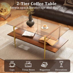 Gainoom Home 2-Tier Glass Coffee Table Rectangle Center Table W/ Tampered Glass Tabletop - thumbnail 8
