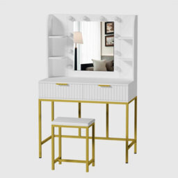 Kosy Koala Dressing Table Set With Bulb Lights Mirror, Side Shelves And Stool - White And Gold - Hollywood Style - thumbnail 2