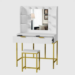 Kosy Koala Dressing Table Set With Bulb Lights Mirror, Side Shelves And Stool - White And Gold - Hollywood Style - thumbnail 3