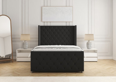 "Bsspoke Divan Bed Set Black Velvet With 54Inch Wingedback Headboard & 20"" Footboard & Mattress No Drawers 3Ft 4Ft 4Ft6 5Ft 6Ft" - image 1