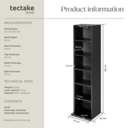 Tectake Cd Dvd Storage Tower Media Display Unit Adjustable Shelves Wood Effect 102 Cds Or 27 Dvds  - Black - thumbnail 6