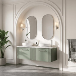 Balterley Belvide Partial Fluted 2 Drawer Wall Hung Vanity Unit With Carrera Marble Laminate Worktop - 1200mm - Satin Green - thumbnail 4