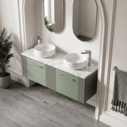 Balterley Belvide Partial Fluted 2 Drawer Wall Hung Vanity Unit With Carrera Marble Laminate Worktop - 1200mm - Satin Green - thumbnail 3