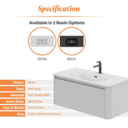 Plum&clay Isla Ribbed Fluted White Wall Hung Drawer Vanity Unit & White Basin Set (W)1000mm - thumbnail 5
