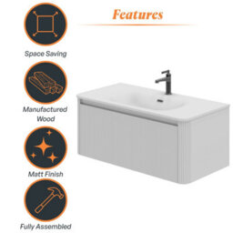 Plum&clay Isla Ribbed Fluted White Wall Hung Drawer Vanity Unit & White Basin Set (W)1000mm - thumbnail 6