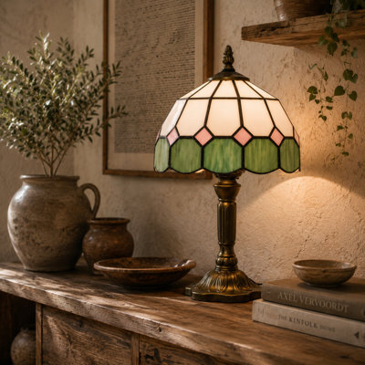 Wyld Haus Surosu Art Deco Stained Glass Table Lamp White And Green, Bronze Base, E27 - image 1