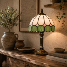 Wyld Haus Surosu Art Deco Stained Glass Table Lamp White And Green, Bronze Base, E27 - thumbnail 1