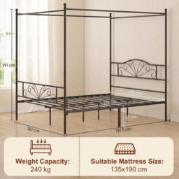 Canopy Bed Frame Double Size, Metal Platform Bed Frame, Black - thumbnail 2