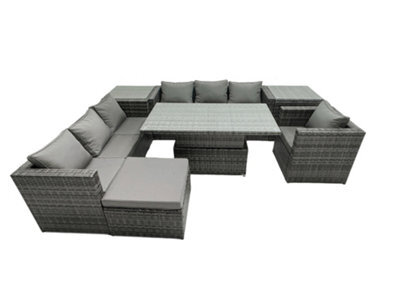 Fimous Rattan Dining Table Sofa Set With 2 Side Table Big Footstool Armchair Outdoor 8 Seat Garden Furniture Set Dark Grey Mixed - image 1