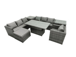 Fimous Rattan Dining Table Sofa Set With 2 Side Table Big Footstool Armchair Outdoor 8 Seat Garden Furniture Set Dark Grey Mixed - thumbnail 2