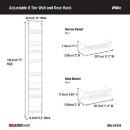 Adjustable 8 Tier Wall Mounted Shelving Rack Narrow White Metal Over The Door Storage Baskets By Closetmaid - thumbnail 4