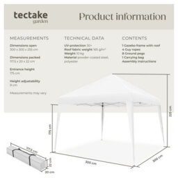 Tectake Gazebo Linosa - 3 X 3 M, Foldable, Water-Resistant, Uv Protection 300 X 300 X 255 Cm - White - thumbnail 6