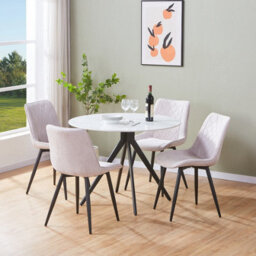 Core Products Aspen Gloss White Sintered Stone Round Table & 4 Natural Fabric Chair Dining Set - thumbnail 1