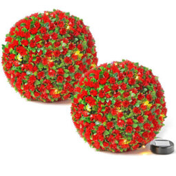 Taylor & Brown 2 Pack 28Cm Solar Powered Led Rose Topiary Ball, Artificial Hanging Ornament With 20 Lights, Garden Decor (Red) - thumbnail 1
