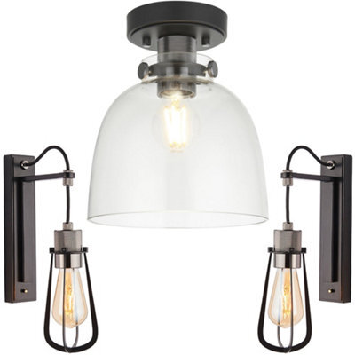 Loops Semi Flush Low Ceiling Pendant & 2X Matching Wall Lights - Matt Black Frame Smoked Grey Tinted Glass Shade - Dimmable Set - image 1