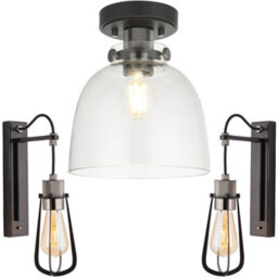 Loops Semi Flush Low Ceiling Pendant & 2X Matching Wall Lights - Matt Black Frame Smoked Grey Tinted Glass Shade - Dimmable Set - thumbnail 1