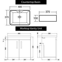 Royal Bathrooms Turin 600mm Wall Hung Vanity Unit 2 Door Grey Elm & Countertop Basin - Cube - thumbnail 6