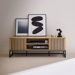 Sweeek. 120Cm Tv Unit  Grooved Wooden Effect And Metal 2 Doors Lisbonne Natural 120X40X42 Cm