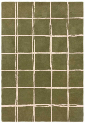 Olive Chequered Wool Modern Shaggy Handmade Rug For Living Room Bedroom & Dining Room-200Cm X 290 Cm - image 1