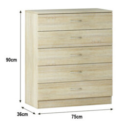 Sundaze Chest Of Drawers Bedroom Furniture Bedside Cabinet With Handle 5 Drawer Oak 75X36X90Cm - thumbnail 3