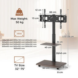 "Gainoom Rolling Walnut Tv Stand On Wheels Mobile Tv Cart For 32""-75"" Tvs Portable Av Cart W/ 30 Degree Tilt Mount" - thumbnail 2