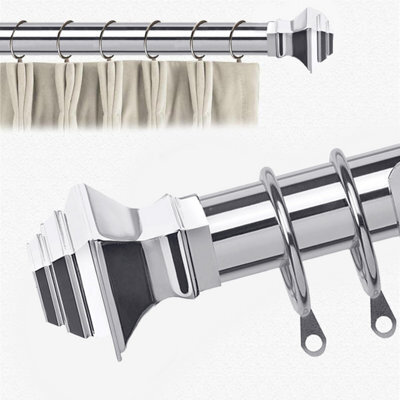 Bedlooms Metal Curtain Pole 28mm- Lamp Square Finials Strong Extendable Durable Rod Chrome (120-210Cm, 48''- 84')