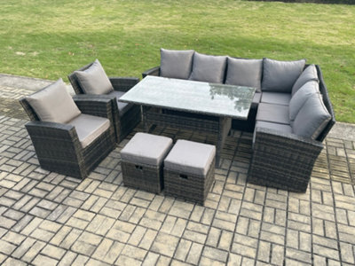 Fimous 10 Seater Garden Rattan Furniture Corner Sofa Dining Table Chairs With 2 Small Footstools Indoor Outdoor Lounge Sofa Set - image 1