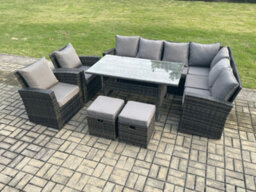 Fimous 10 Seater Garden Rattan Furniture Corner Sofa Dining Table Chairs With 2 Small Footstools Indoor Outdoor Lounge Sofa Set - thumbnail 1