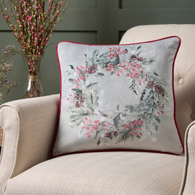 Dreams & Drapes Winter Sprigs Floral Wreath Green Velvet Filled Cushion - image 1