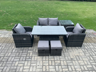 Fimous Outdoor Rattan Garden Furniture Set Height Adjustable Rising Lifting Dining Table Love Sofa Chair With Side Table - image 1