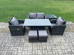 Fimous Outdoor Rattan Garden Furniture Set Height Adjustable Rising Lifting Dining Table Love Sofa Chair With Side Table - thumbnail 2