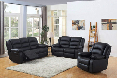 UK Leisure World Recliner Black Sofa Set Suites Settee Black Leather 1 2 3 Seater Armchair Faux Leather (Black 3-2-1 Sofa Set) - image 1