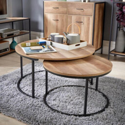 Home Source Oakmere Round Nest Of 2 Tables Set Black And Oak Effect - thumbnail 1