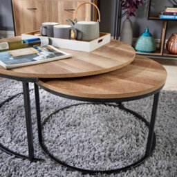 Home Source Oakmere Round Nest Of 2 Tables Set Black And Oak Effect - thumbnail 4