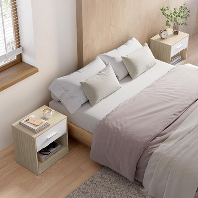 Songmics Vasagle Pair Of Bedside Tables, End Table, Drawer, Handle, For Bedroom Or Living Room, Natural Beige And Classic White - image 1