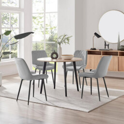 Furniturebox Uk Koko Oak Effect Round Dining Table & 4 Grey Pesaro Black Leg Chairs - thumbnail 1